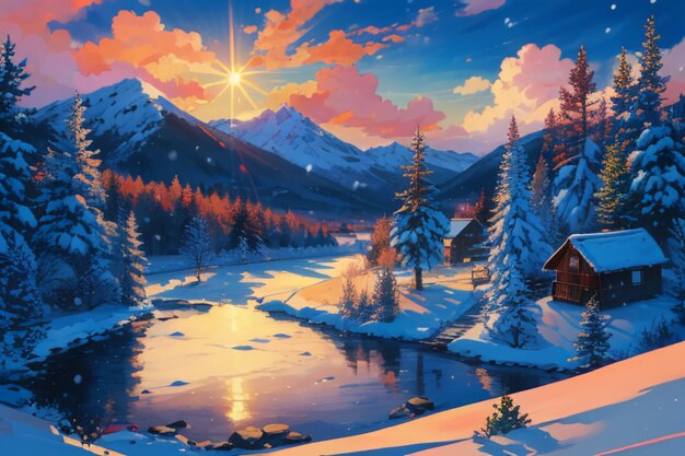 Snow mountain river forest blue sky beautiful nature landscape wallpaper illustration background