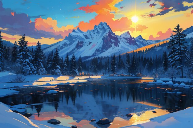 Snow mountain river forest blue sky beautiful nature landscape wallpaper illustration background