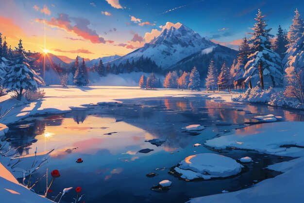 Snow mountain river forest blue sky beautiful nature landscape wallpaper illustration background