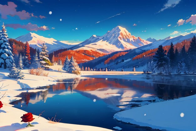 Snow mountain river forest blue sky beautiful nature landscape wallpaper illustration background