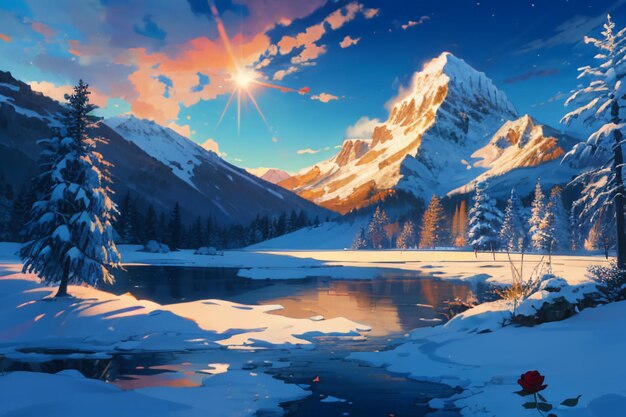 Snow mountain river forest blue sky beautiful nature landscape wallpaper illustration background