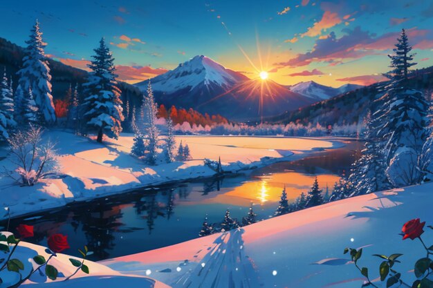 Snow mountain river forest blue sky beautiful nature landscape wallpaper illustration background