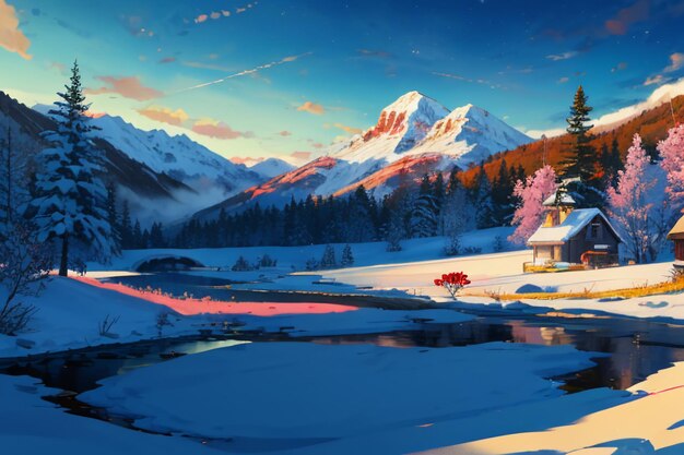 Snow mountain river forest blue sky beautiful nature landscape wallpaper illustration background