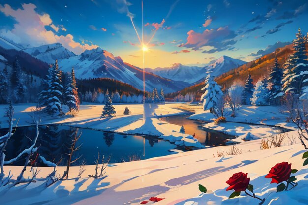 Snow mountain river forest blue sky beautiful nature landscape wallpaper illustration background