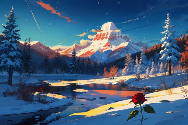 Snow mountain river forest blue sky beautiful nature landscape wallpaper illustration background