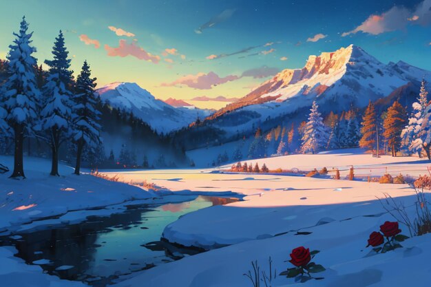 Snow mountain river forest blue sky beautiful nature landscape wallpaper illustration background