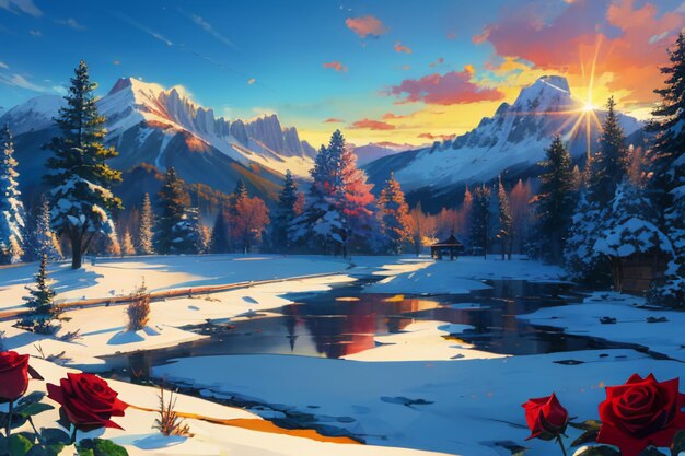 Snow mountain river forest blue sky beautiful nature landscape wallpaper illustration background