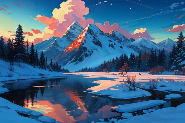 Snow mountain river forest blue sky beautiful nature landscape wallpaper illustration background