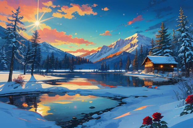 Snow mountain river forest blue sky beautiful nature landscape wallpaper illustration background