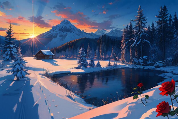 Snow mountain river forest blue sky beautiful nature landscape wallpaper illustration background