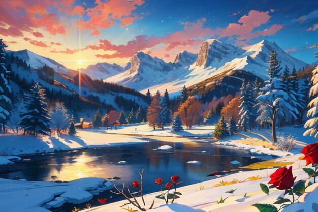 Snow mountain river forest blue sky beautiful nature landscape wallpaper illustration background