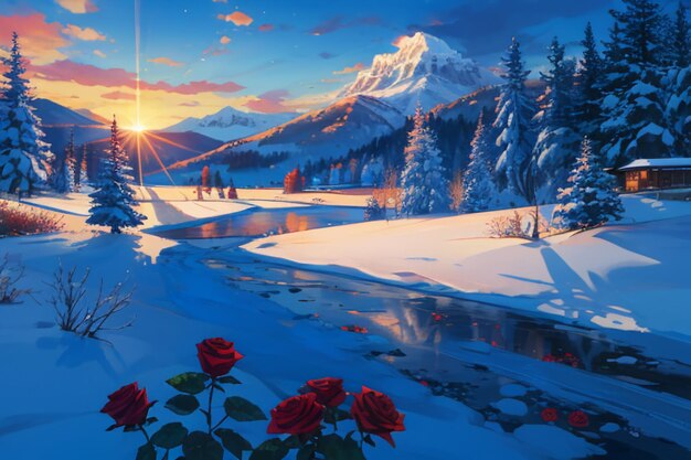 Snow mountain river forest blue sky beautiful nature landscape wallpaper illustration background