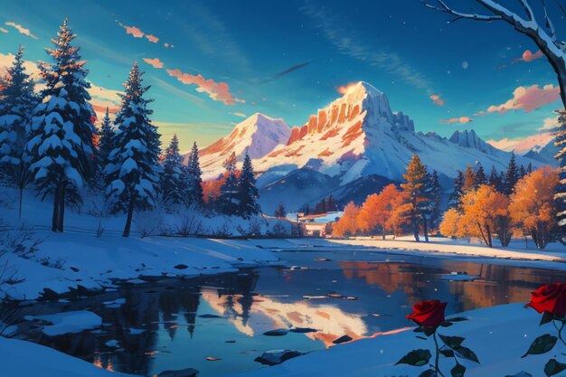 Snow mountain river forest blue sky beautiful nature landscape wallpaper illustration background