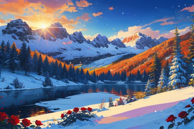 Snow mountain river forest blue sky beautiful nature landscape wallpaper illustration background