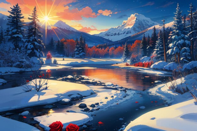 Snow mountain river forest blue sky beautiful nature landscape wallpaper illustration background