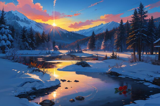 Snow mountain river forest blue sky beautiful nature landscape wallpaper illustration background