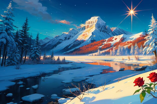 Snow mountain river forest blue sky beautiful nature landscape wallpaper illustration background