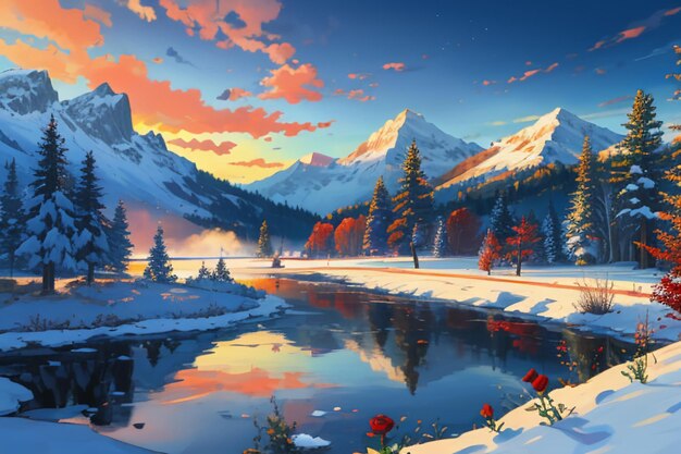 Snow mountain river forest blue sky beautiful nature landscape wallpaper illustration background