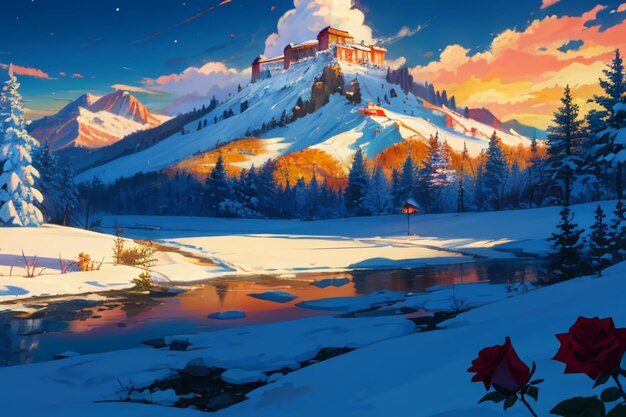 Snow mountain river forest blue sky beautiful nature landscape wallpaper illustration background