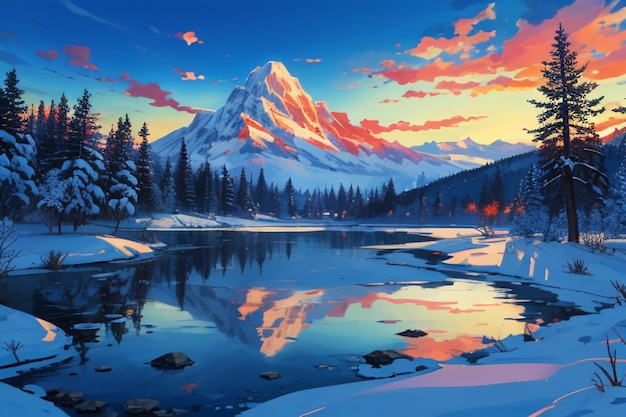 Snow mountain river forest blue sky beautiful nature landscape wallpaper illustration background