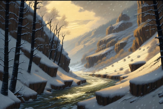 Снежная гора с реалистичной иллюстрацией реки Generative AI