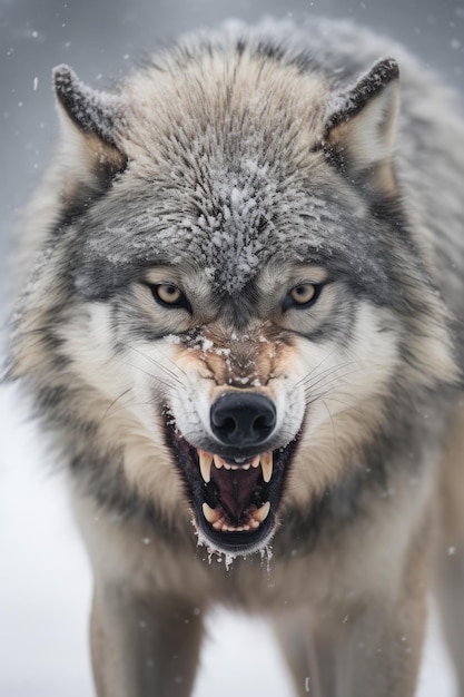 snow mountain wolf growling face