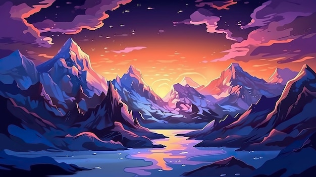 Snow peaks and glaciers on the dark sky landscape illustration AI Generative