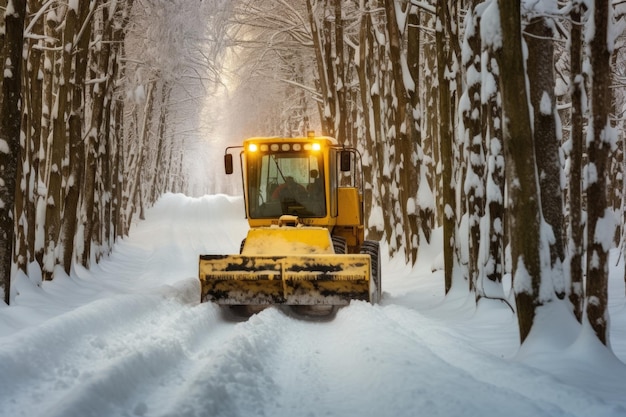 Snow plow creating a path in a snowcovered forest created with generative ai