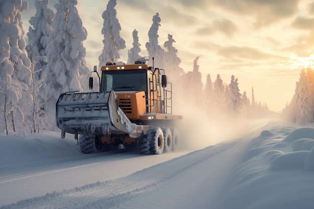 A snow plow drives down a snowy road.