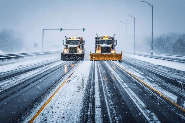 Snow plows on the road during a blizzard in winter