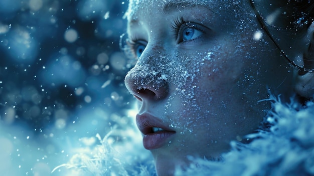 스노우 프린세스는 먼 곳을 바라보며 그녀의 피부는 미묘한 파란색 색조와 얼음으로 빛나고 있습니다.