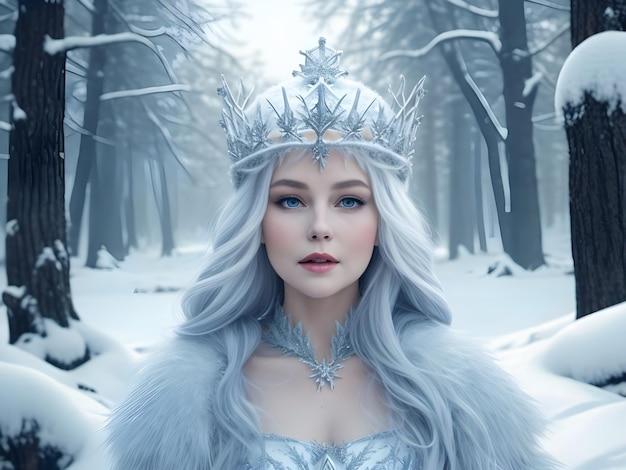 Photo snow queen with crown in snow in winter forest ai generate