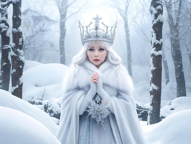 Photo snow queen with crown in snow in winter forest ai generate