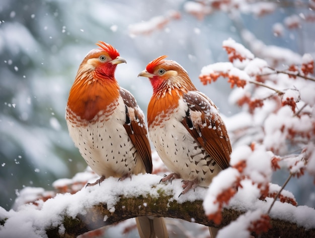 樹枝の壁紙に座っている雪の赤いカタツムリの鳥