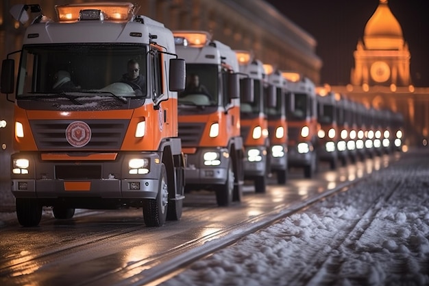 Snow removal in the city after heavy snowfall snowplows clearing roads and streets