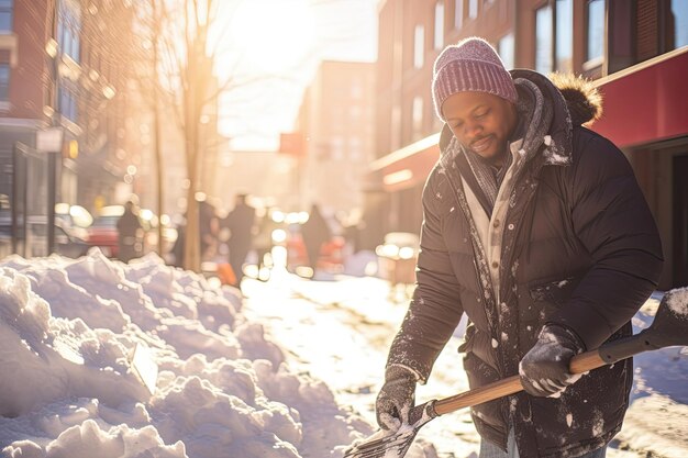 Snow removal Man clearing snow by shovel after snowfall Outdoors Generative AI