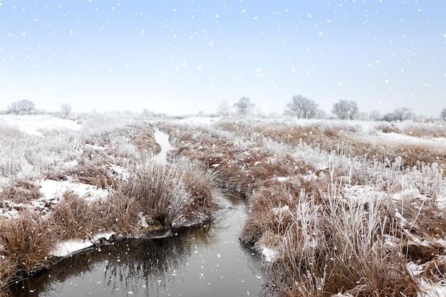 Snow on the river bank and the river