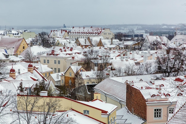 Snow on the roofs of old European city