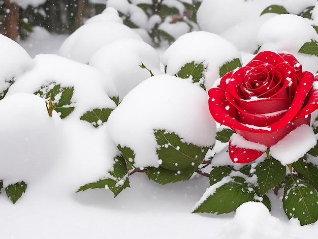 Snow over rose Red rose on snow fall