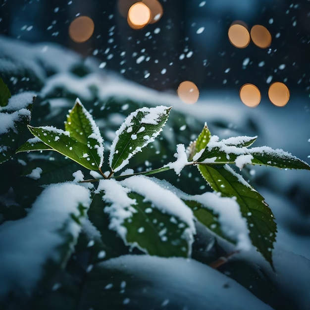 Snow scene background on leaves