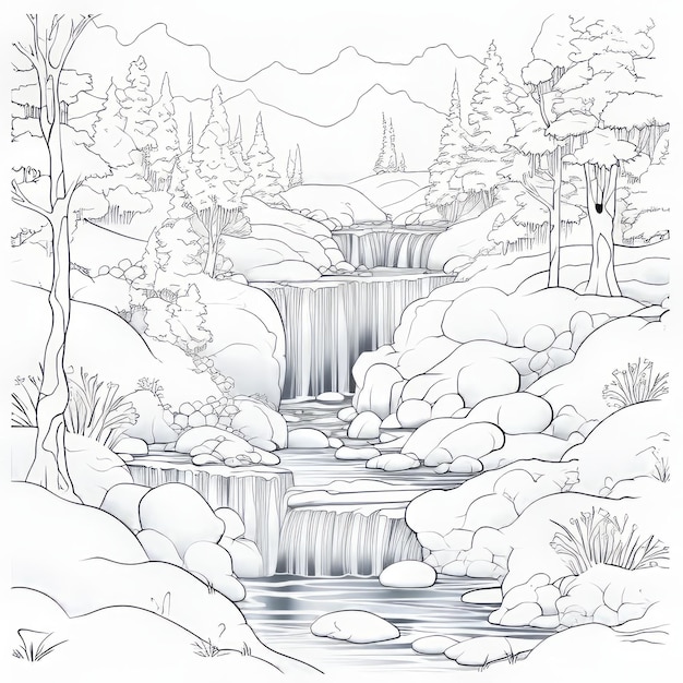 Snow Scene Coloring Page With Cascading Waterfall