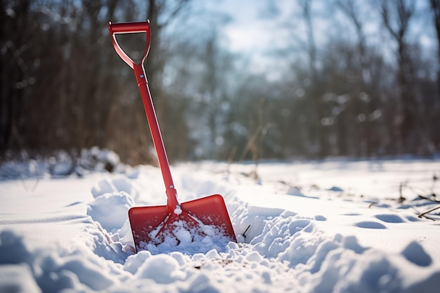 Photo a snow shovel stuck in a large pile of fresh snow