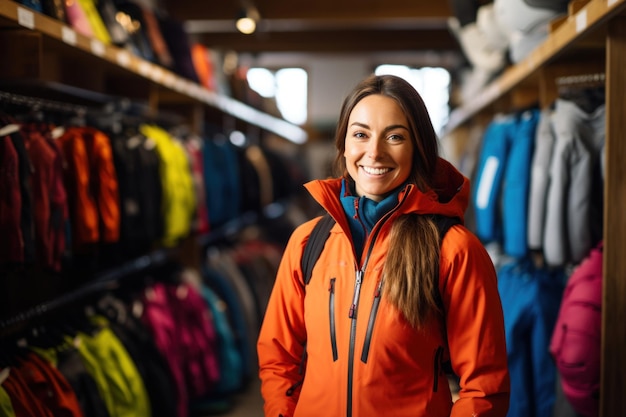 Snow Sport Enthusiasm Inside a ski gear shop a woman39s face lights up as she examines the equipment her eagerness to ski evident in her bright smile