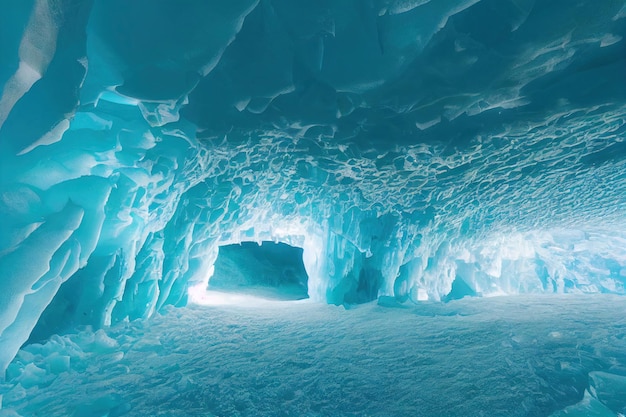 Snow stalactites and icicles inside frozen ice cave