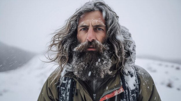 Foto il ritratto di una tempesta di neve di un alpinista illustrazione di sfondo