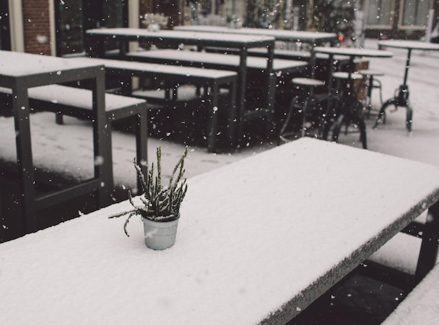 Foto neve sul tavolo durante l'inverno