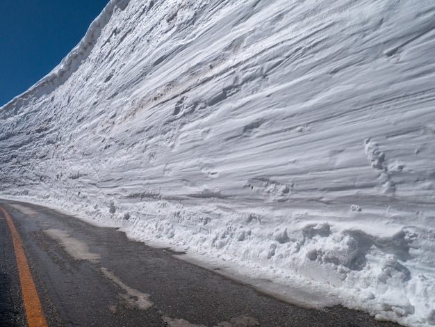 Parete della neve con cielo blu sulla strada nel giorno soleggiato