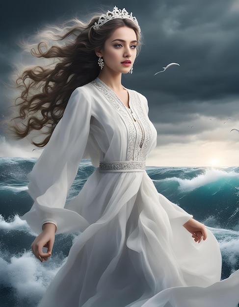 Snow White Muslim Beauty Windswept by the Sea