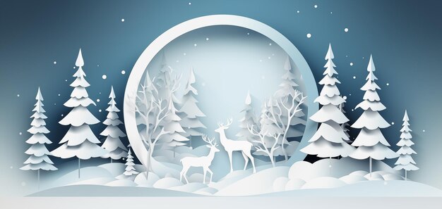 Photo snow winter a christmas tree santa claus reindeer in white paper cut art generative ai