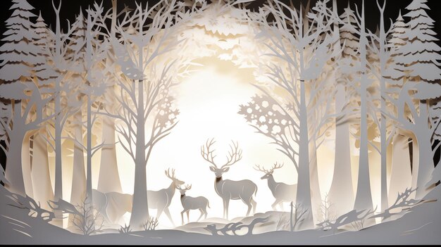 snow winter a christmas tree Santa Claus reindeer in white paper cut art Generative ai